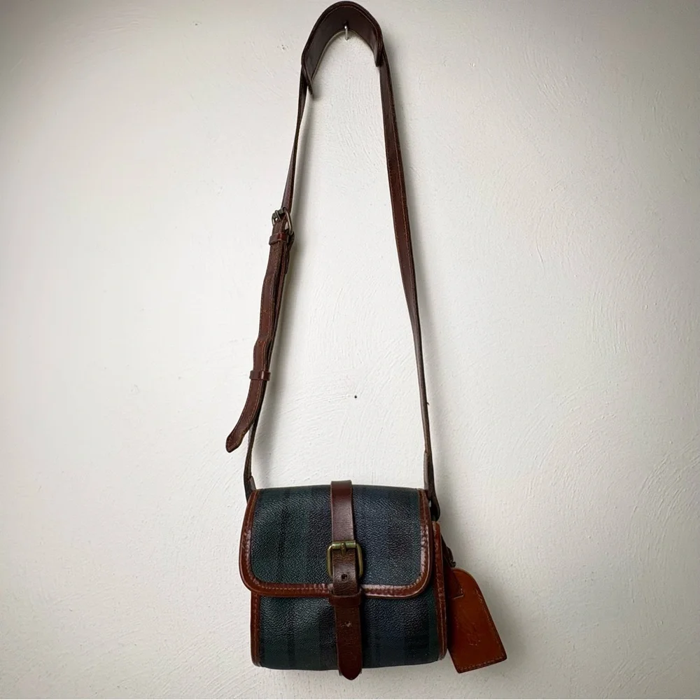 POLO RALPH LAUREN Vintage 90s Tartan Blackwatch Canvas Leather Crossbody Bag - Picture 9 of 14